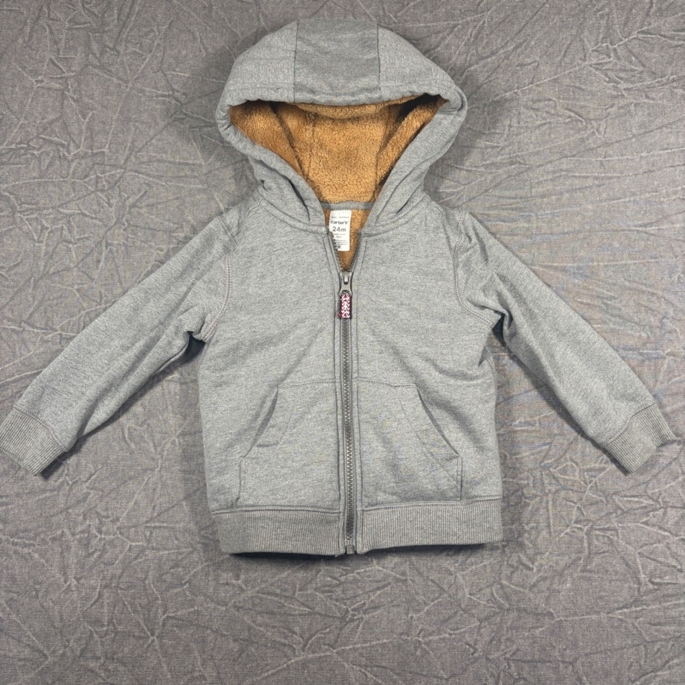 Carter's Hoodie Unisex 24M Gray Sherpa Lined Full Zip Fleece Sweatshirt Jacket
